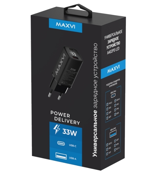 Сетевое зарядное устройство Maxvi A402PD LED 33W, 1xUSB-A, 1xUSB-C, черный