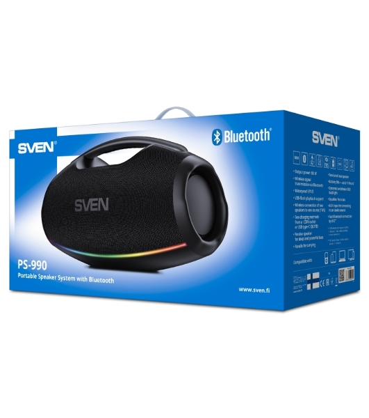 Портативная акустическая система SVEN PS-990, черный, 2.0, 2x90 Вт (RMS), IPx7, TWS, Bluetooth, USB, аккумулятор