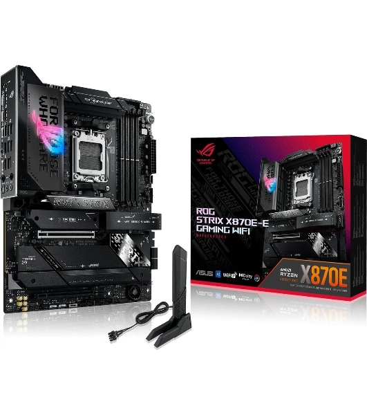 Материнская плата ASUS ROG STRIX X870E-E GAMING WIFI, AM5, AMD X870E, 4xDDR5, 4xSATA, 5xM.2, 1xPCI-E 5.0 x16, 1xPCI-E 4.0 x4, 1xHDMI, 1xUSB-C 3.2 Gen 2, 1xUSB-C 3.2 Gen 2x2, 2xUSB-C 4.0, 1x 5Gb LAN, 9xUSB-A 3.2 Gen 2, 2x3.5 мм, TOSLINK, 1xWi-Fi 7, ATX