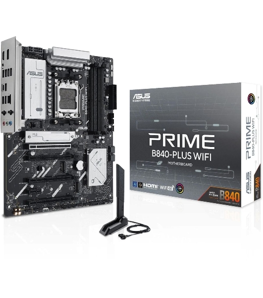 Материнская плата ASUS PRIME B840-PLUS WIFI, AM5, AMD B840, 4xDDR5, 4xSATA, 3xM.2, 1xPCIe 4.0 x16, 1xPCIe 3.0 x16, 2xPCIe 3.0 x16, 1xPCIe 3.0 x1, 1xDP, 1xHDMI, 1x 2.5Gb LAN, 8xUSB-A, 3x3.5 мм, 7.1, ATX