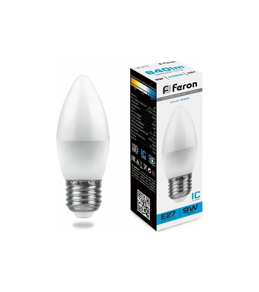 Лампа светодиодная Feron LB-570 9W 230V E27 6400K свеча