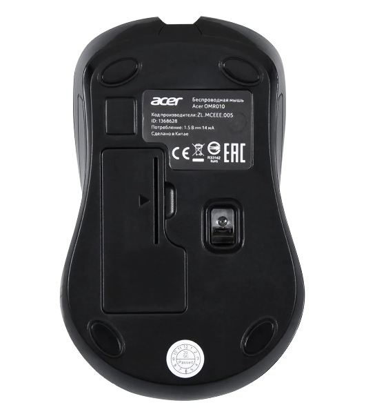 Мышь беспроводная Acer OMR010 черный, 1200 dpi, радиоканал, USB, кнопки - 3