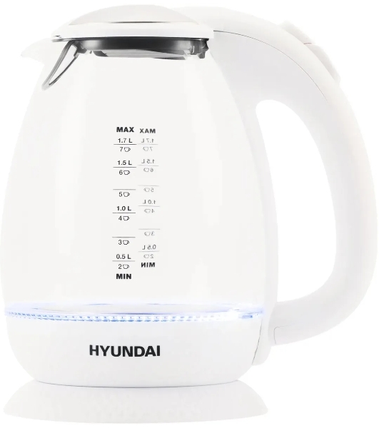 Чайник электрический Hyundai HYK-G3805 1.7 л, 2200 Вт, белый/прозрачный (корпус: стекло)