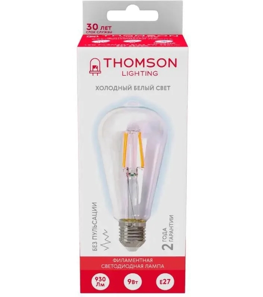 Лампа светодиодная филаментная Thomson TH-B2342 E27, эдисон, 9Вт, 6500К, белый холодный, 1 шт.