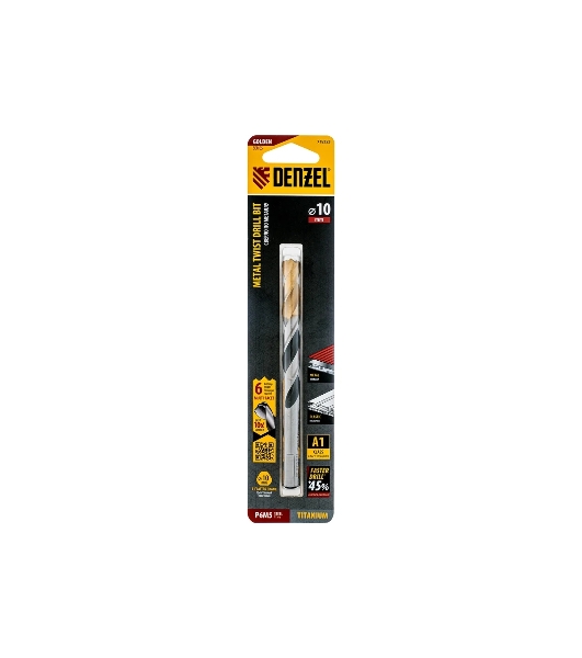 Сверло спиральное по металлу Denzel 10 x 133мм, Р6М5, Golden Tip, многогранная заточка