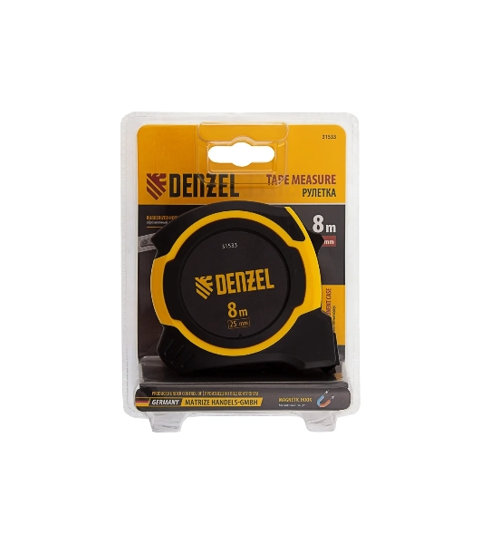 Рулетка Denzel 8м х 25мм, двухкомп. корпус, магнитный обрезиненный зацеп