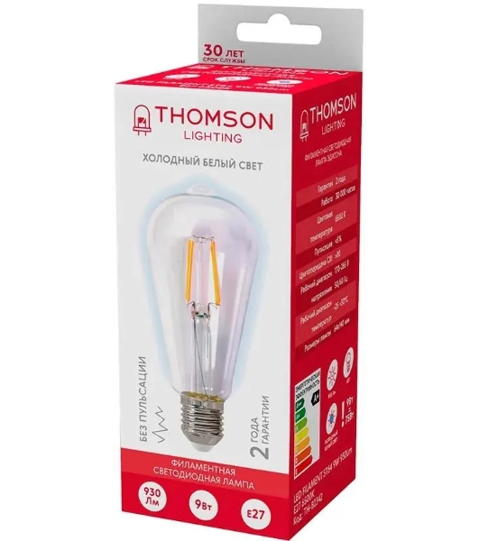 Лампа светодиодная филаментная Thomson TH-B2342 E27, эдисон, 9Вт, 6500К, белый холодный, 1 шт.