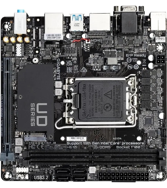 Материнская плата Gigabyte H610I, LGA 1700, Intel H610, 2xDDR5, 4xSATA, 1xM.2, 1xPCIe 4.0 x16, 1xHDMI, 1xVGA, 2xDP, 1x 1Gb LAN, 2xUSB-A 3.2 Gen 1, 4xUSB-A 2.0, 3x 3.5 мм, 7.1, Mini-ITX