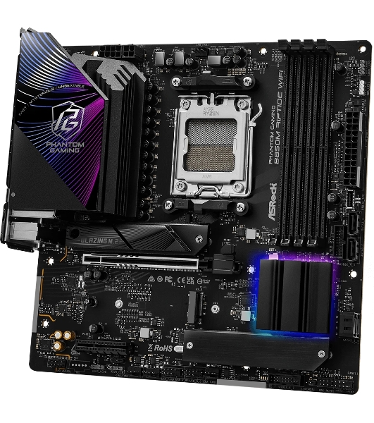 Материнская плата ASRock B850M Riptide WiFi, AM5, AMD B850, 4xDDR5, 4xSATA, 3xM.2, 1xPCIe 5.0 x16, 1xPCIe 4.0 x4, 1xHDMI, 1xDP, 1x2.5Gb LAN, Wi-Fi 7, Bluetooth 5.4, 1xUSB-C 10Gbps, 1xUSB-A 10Gbps, 2xUSB-A 5Gbps, 4xUSB-A 2.0, 3x3.5 мм, 7.1, mATX
