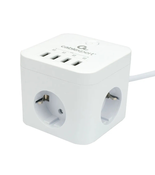 Сетевой фильтр Cablexpert Cube CUBE-3-U4-W-1.5, 3 р, 10А, 4хUSB, 1.5 м, ур.защиты 4+, белый, коробка