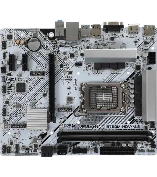 Материнская плата ASRock B760M-HDV/M.2, LGA 1700, Intel B760, 2xDDR5, 4xSATA, 2xM.2, 1xPCI-E 4.0 x16, 2xPCI-E x1, 1xDP, 1xHDMI, 1xVGA, 1x 2.5Gb LAN, 2xUSB-A 3.2 Gen 1, 3xUSB 2.0, 3x3.5 мм, 7.1, Micro-ATX