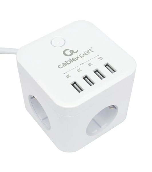 Сетевой фильтр Cablexpert Cube CUBE-3-U4-W-1.5, 3 р, 10А, 4хUSB, 1.5 м, ур.защиты 4+, белый, коробка