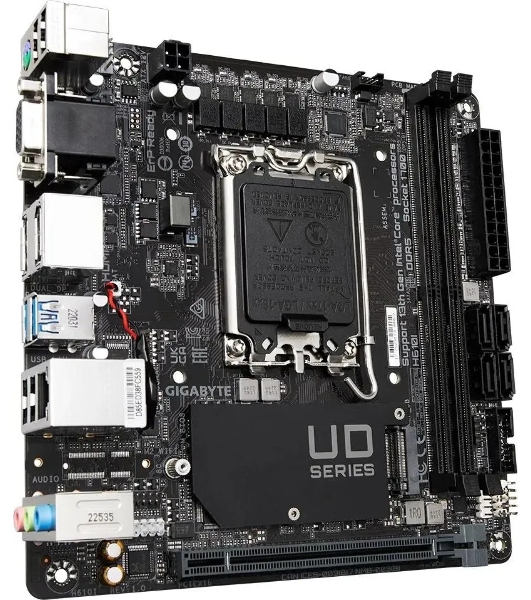 Материнская плата Gigabyte H610I, LGA 1700, Intel H610, 2xDDR5, 4xSATA, 1xM.2, 1xPCIe 4.0 x16, 1xHDMI, 1xVGA, 2xDP, 1x 1Gb LAN, 2xUSB-A 3.2 Gen 1, 4xUSB-A 2.0, 3x 3.5 мм, 7.1, Mini-ITX