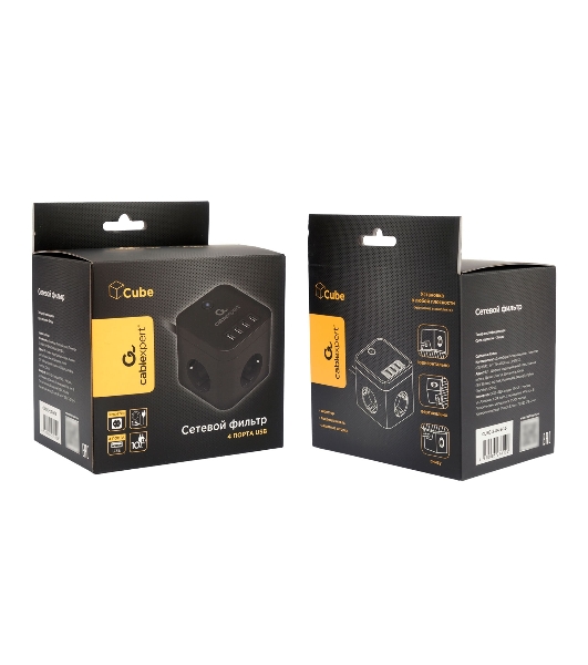 Сетевой фильтр Cablexpert Cube CUBE-3-U4-B-1.5, 3 р, 10А, 4хUSB, 1.5 м, ур.защиты 4+, черный, коробка