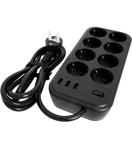 Сетевой фильтр Powercom SP-08 USB03AB 3,0 m 3.0м, 8 розеток, черный, коробка