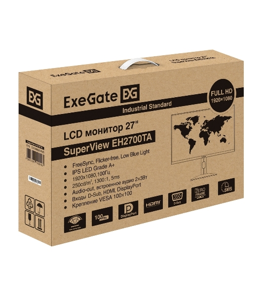 Монитор 27' ExeGate SuperView EH2700TA IPS 1920x1080, 100 Гц, 4 мс, 16:9, 250 кд/м², HDMI 2.0, DP, 3.5 Jack, динамики, HDR10, FreeSync, черный