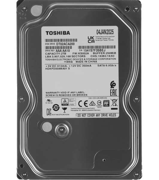 Жесткий диск Toshiba Surveillance HDD 3.5' SATA 2Tb, 5400rpm, 128MB buffer, 512e, SMR, DT02ABA200V, 1 year