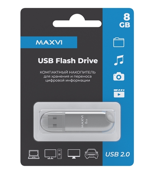 Флешка USB Maxvi P1 (FD8GBUSB20C10P1 silver), 8Gb, USB 2.0, R/W 12/5, серебристый