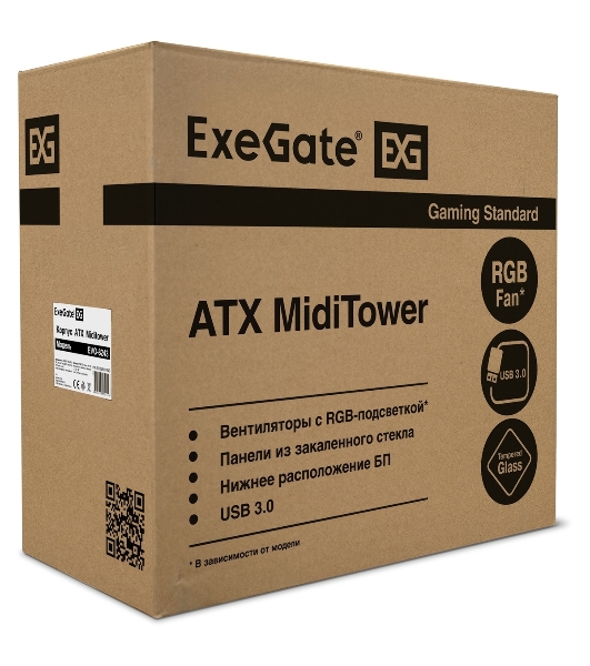 Компьютерный корпус Miditower ExeGate EVO-8243 (ATX, без БП, 2хUSB+1хUSB 3.0, черный, 3 вент. с RGb подсветкой, боковая панель - закаленное стекло)
