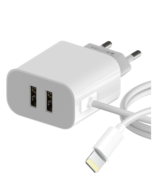 Сетевое зарядное устройство Maxvi CHL-242L 2хUSB 2.4A + литой кабель Lightning 1.2м, белый