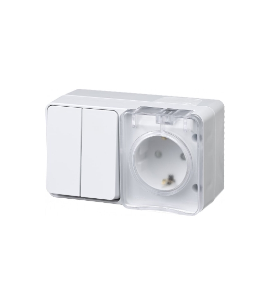 Блок ОП AtlasDesign Profi54 розетка 16А 250В с заземл. защ. шторки + 2-кл. выключатель 10А IP54 бел. SchE