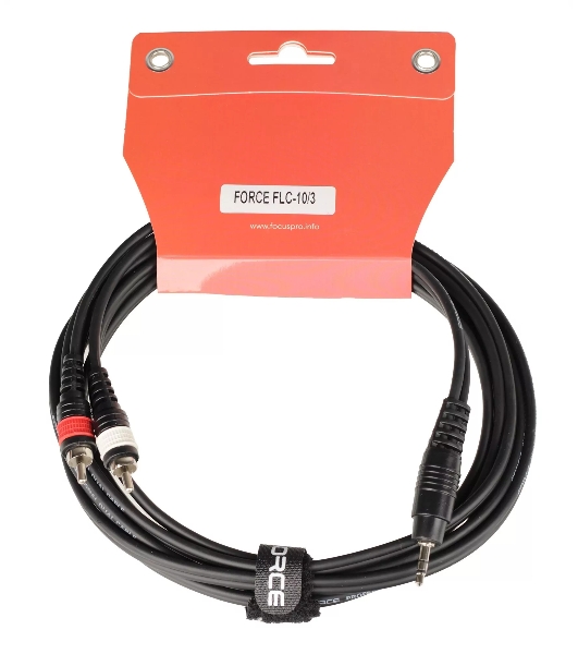 Кабель аудио FORCE FLC-10/31/8' TRS mini Jack - 2xRCA, высококачественный стерео, используется для подключения смартфонов к микшерам и аудио интерфейсам, длина 3 м
