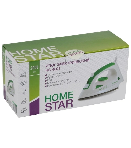 Утюг Homestar HS-4001 белый/зеленый, 2000 Вт, 20 г/мин, 100 г/мин, 90 мл