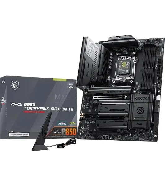 Материнская плата MSI MAG B850 TOMAHAWK MAX WIFI II, AM5, AMD B850, 4xDDR5, 4xSATA, 4xM.2, 1xPCIe 5.0 x16, 1xPCIe 4.0 x16, 1xPCIe 3.0 x16, 1xHDMI, 1xDP, 1x5Gb LAN, Wi-Fi 7, Bluetooth 5.4, 3xUSB-C 10Gbps, 2xUSB-A 10Gbps, 1xUSB-A 5Gbps, 4xUSB-A 2.0, 3x3.5 мм + S/PDIF оптический, 7.1, чёрный, ATX