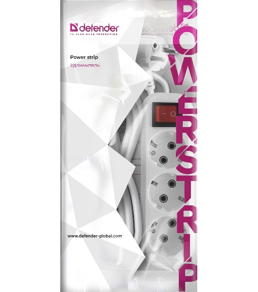 Удлинитель с заземлением Defender L330 16 А, 3 м, заземление, выключатель