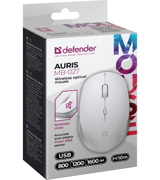 Мышь беспроводная Defender Auris MB-027 белый, 1600 dpi, радиоканал, USB, кнопки - 4