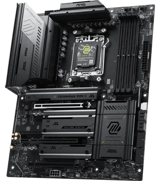 Материнская плата MSI MAG B850 TOMAHAWK MAX WIFI II, AM5, AMD B850, 4xDDR5, 4xSATA, 4xM.2, 1xPCIe 5.0 x16, 1xPCIe 4.0 x16, 1xPCIe 3.0 x16, 1xHDMI, 1xDP, 1x5Gb LAN, Wi-Fi 7, Bluetooth 5.4, 3xUSB-C 10Gbps, 2xUSB-A 10Gbps, 1xUSB-A 5Gbps, 4xUSB-A 2.0, 3x3.5 мм + S/PDIF оптический, 7.1, чёрный, ATX