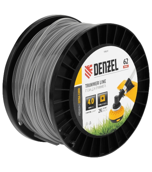 Леска для триммера Denzel двухкомпонентная квадрат, 4,0мм х 62м, на DIN катушке EXTRA CORD