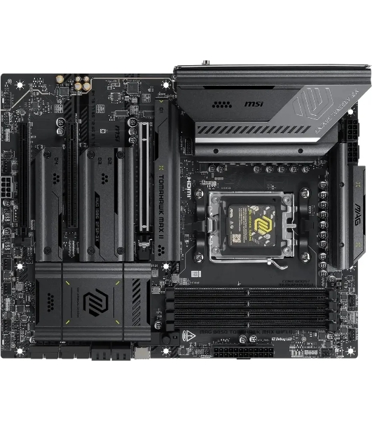 Материнская плата MSI MAG B850 TOMAHAWK MAX WIFI II, AM5, AMD B850, 4xDDR5, 4xSATA, 4xM.2, 1xPCIe 5.0 x16, 1xPCIe 4.0 x16, 1xPCIe 3.0 x16, 1xHDMI, 1xDP, 1x5Gb LAN, Wi-Fi 7, Bluetooth 5.4, 3xUSB-C 10Gbps, 2xUSB-A 10Gbps, 1xUSB-A 5Gbps, 4xUSB-A 2.0, 3x3.5 мм + S/PDIF оптический, 7.1, чёрный, ATX