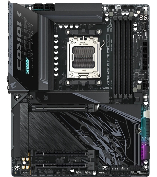Материнская плата Gigabyte X870E AORUS ELITE X3D, AM5, AMD X870E, 4xDDR5, 4xSATA, 4xM.2, 1xPCIe 5.0 x16, 1xPCIe 4.0 x16, 1xPCIe 3.0 x16, 1xHDMI, 1x5Gb LAN, Wi-Fi 7, Bluetooth 5.4, 2xUSB-C 40Gbps (USB4), 1xUSB-C 10Gbps, 5xUSB-A 10Gbps, 3xUSB-A 5Gbps, 3x3.5 мм + S/PDIF оптический, 7.1, ATX