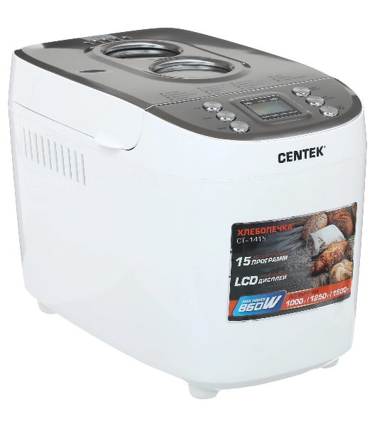 Хлебопечка Centek CT-1415 белый/серебристый, 860 Вт, 1.5 кг, 15 программ
