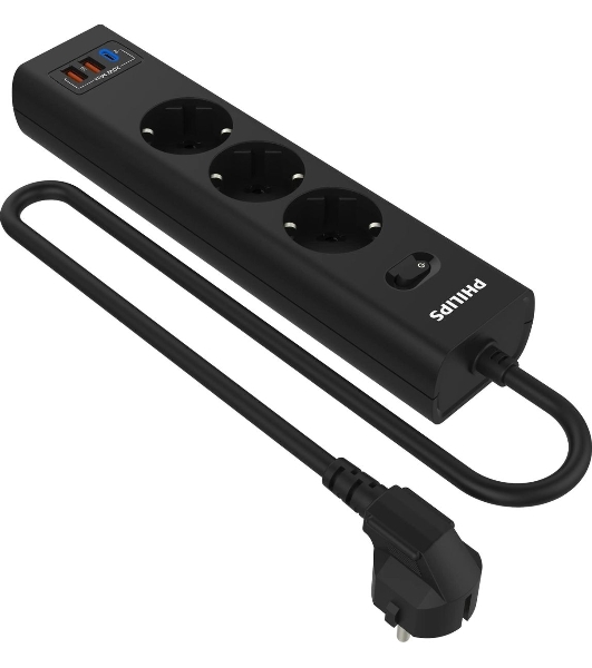Сетевой фильтр Philips CHP4336BB/51, 3 м, 3 розетки, черный