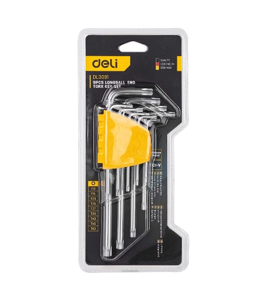 Набор шестигранных ключей ';TORX'; Deli DL3091 9 шт. Размер: 1/16”-3/8”. Хромированный. Технические характеристики: Т10,Т15,Т20,Т25,Т27,Т30,Т40,Т45,Т50
