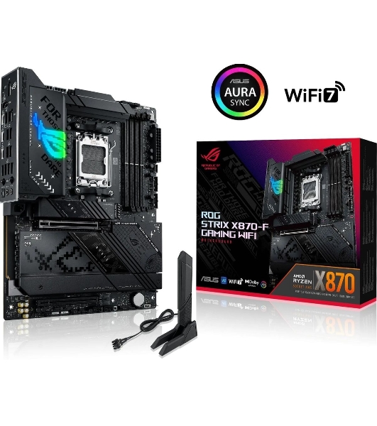 Материнская плата ASUS ROG STRIX X870-F GAMING WIFI, AM5, AMD X870, 4xDDR5, 2xSATA, 4xM.2, 1xPCI-E 5.0 x16, 1xPCI-E 4.0 x4, 1xHDMI, 1xDP, 2xUSB-C USB4, 1xUSB-C 10Gbps, 5xUSB-A 10Gbps, 4xUSB-A 5Gbps, 1x 2.5Gb LAN, 2x3.5 мм, 7.1, ATX