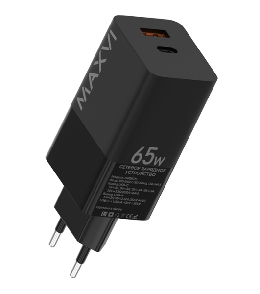 Сетевое зарядное устройство Maxvi A482GN 65W, 1xUSB-A, 1xUSB-C, черный