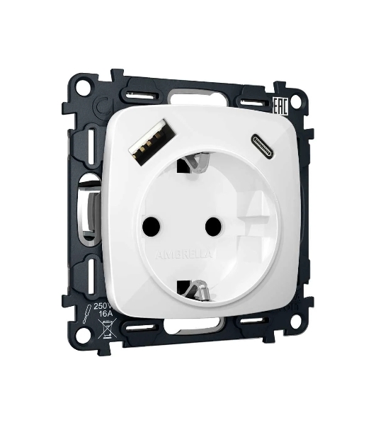 Комплект механизма электрической розетки OMEGA Белый глянец 2USB A+C 20W (быстрая зарядка) с/з QUANT (OP1100, VM160) MO110010