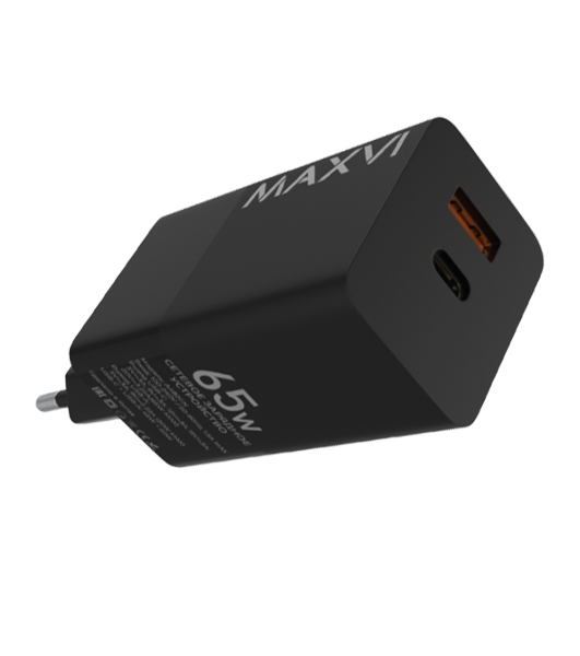 Сетевое зарядное устройство Maxvi A482GN 65W, 1xUSB-A, 1xUSB-C, черный