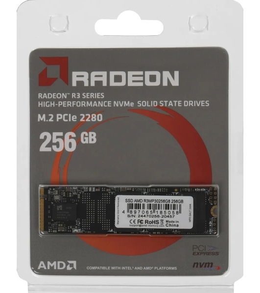 Накопитель SSD AMD Radeon R3MP30256G8, 256Gb, PCIe 3.0 x4, M.2 2280, NVMe, R/W 2000/1300
