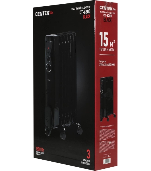 Обогреватель масляный Centek CT-6200 (7 секций) черный, 700/1000/1500Вт, 3 режима, механический термостат