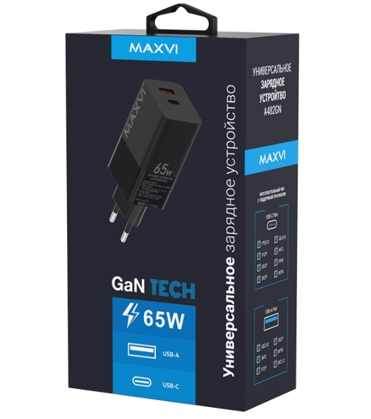 Сетевое зарядное устройство Maxvi A482GN 65W, 1xUSB-A, 1xUSB-C, черный