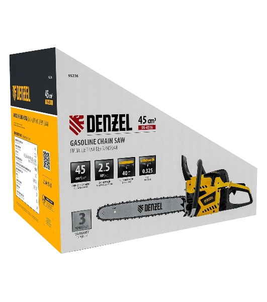 Пила цепная бензиновая Denzel DS-4516, шина 40 см, 45 см 3, 2,5 л.с., шаг 0,325, паз 1,5 мм, 64 зв