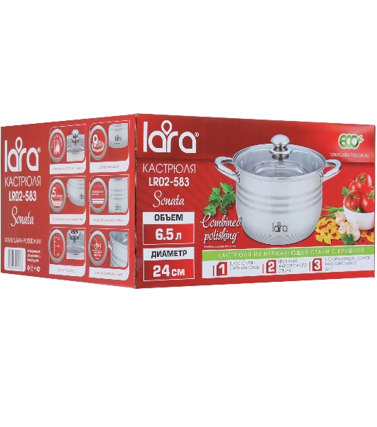 Кастрюля LARA LR02-583 SONATA 24x14,5 см, 6.5 л, нержавеющая сталь, индукция, с крышкой