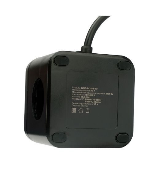 Сетевой фильтр Cablexpert Cube CUBE-3-CU3-B-1.5, 3 р, 10А, 1xType-C PD, 3xUSB, 1.5 м, ур.защиты 4+, черный, коробка