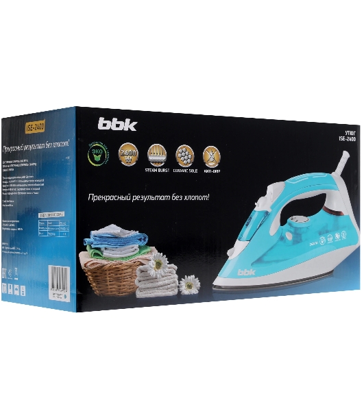 Утюг BBK ISE-2400 бирюзовый/белый, 2400 Вт, 35 г/мин, 140 г/мин, 280 мл