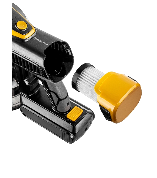 Пылесос вертикальный Brayer BR4273 серый/желтый, питание от аккумулятора, 350 Вт, уборка сухая, пылесборник 0,8 л