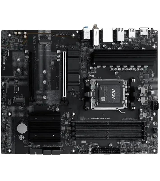 Материнская плата MSI PRO B840-S EVO WIFI6E, AM5, AMD B840, 4xDDR5 (до 256 ГБ), 4xSATA, 3xM.2 (PCIe 4.0/3.0), 1xPCIe 4.0 x16, 1xPCIe 3.0 x16, 1xHDMI, 1x2.5Gb LAN, Wi-Fi 6E, Bluetooth 5.3, 1xUSB-C 10Gbps, 1xUSB-A 10Gbps, 2xUSB-A 5Gbps, 4xUSB-A 2.0, 3x3.5 мм, 7.1, чёрный, ATX